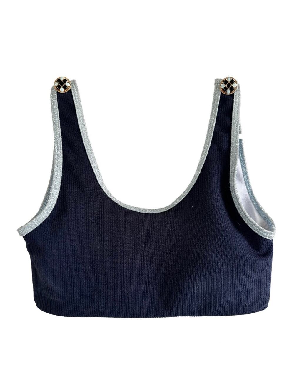 MAIYO Natalie Off Duty Bikini Top Sleeveless Scoop Neck Button Details Blue XS